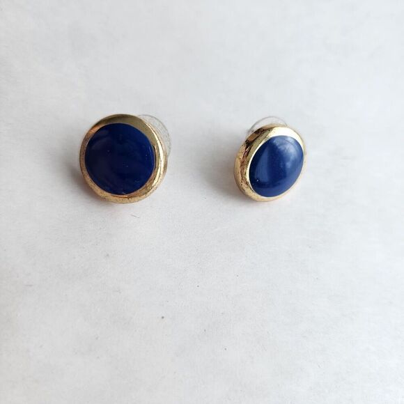 Dillards Vintage Gold Round Button Blue Inlay Post Back Earrings 925 Stamped - Picture 2 of 9